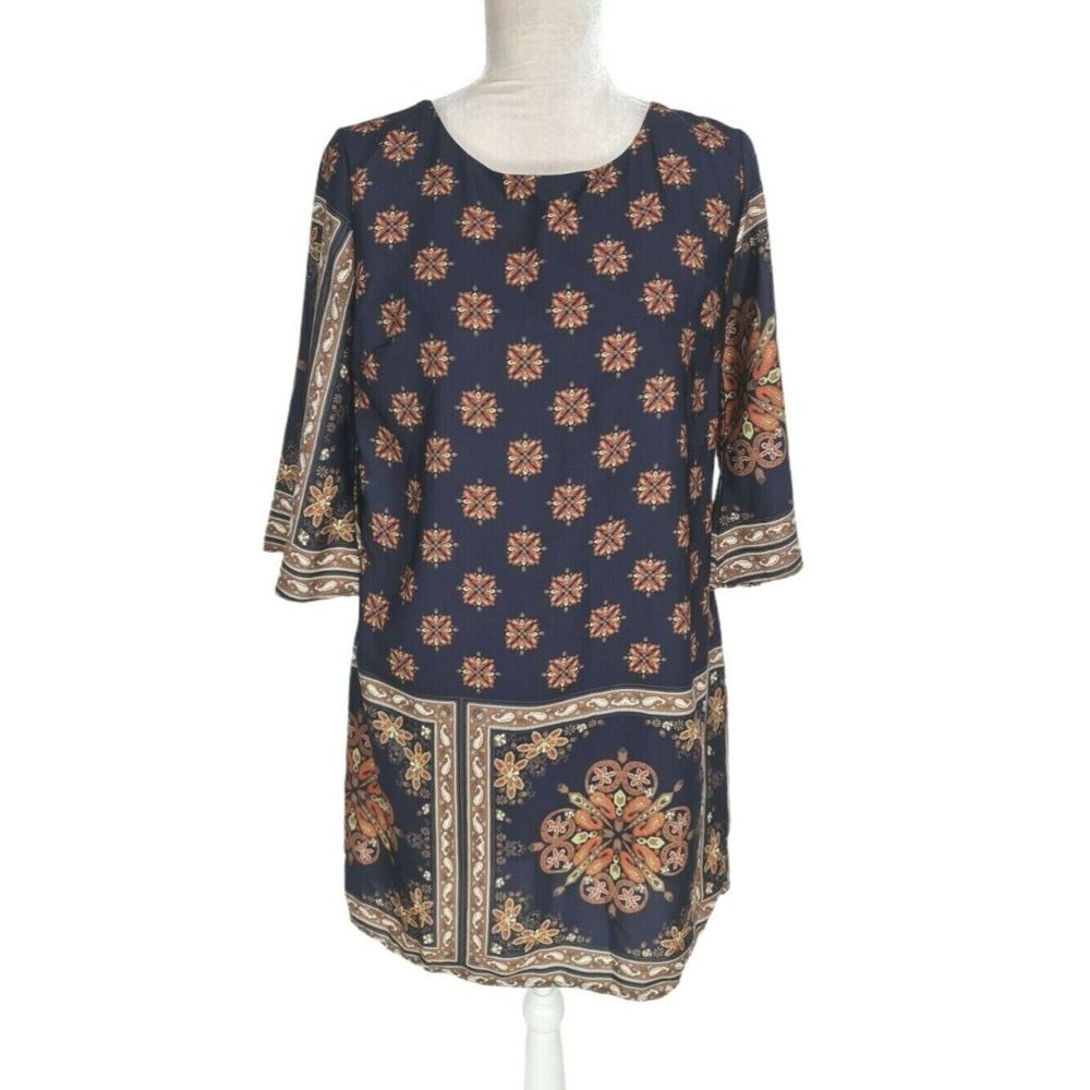 GI BIU Floral Shift Mini Dress Women Size S/Chico 3/4 Sleeve Crew Neck 283P